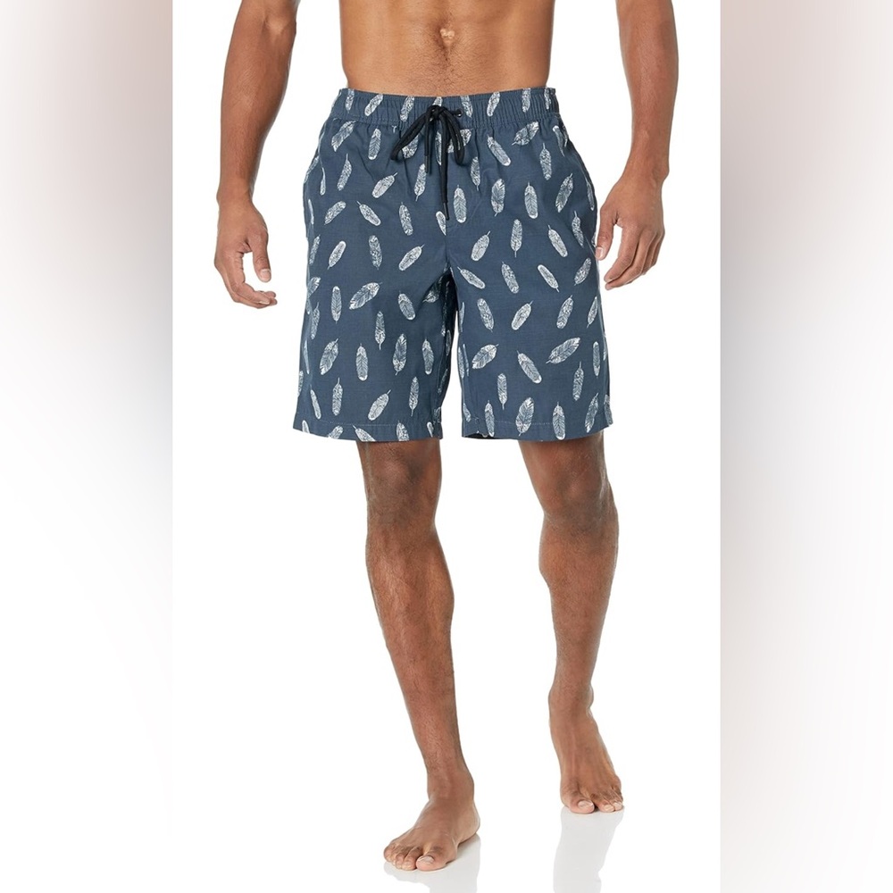 Goodthreads Men's 9" Swim Trunk navy w feather print size Medium NEW